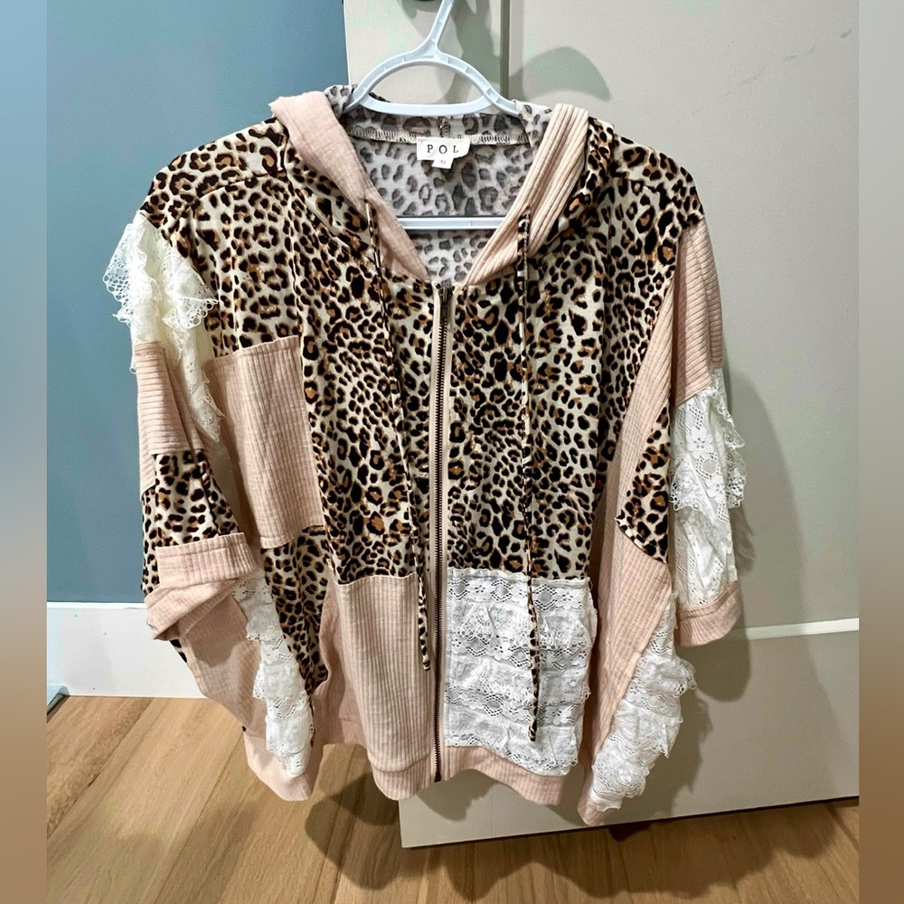 POL Leopard Print Hoodie with Lace Details